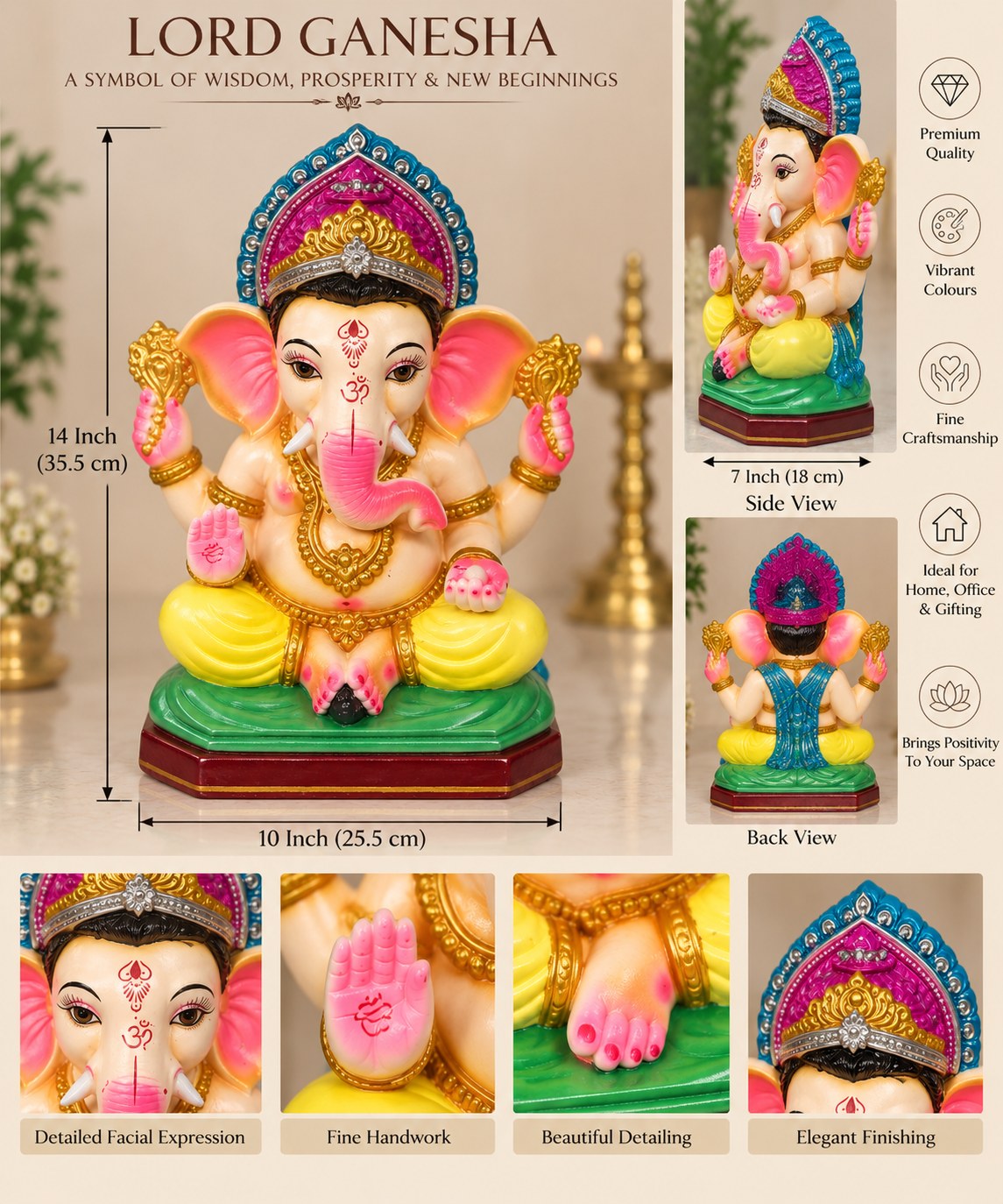 Shubharambh Ganesha - size guide and detail views