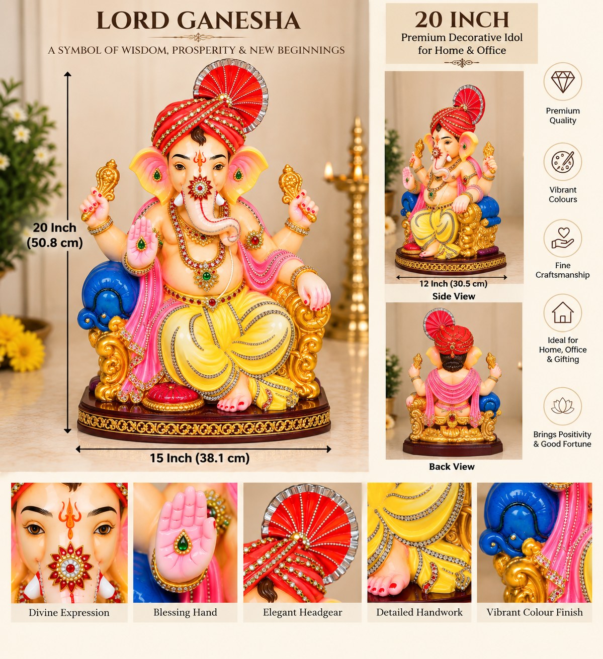 Samrat Ganesha - size guide and detail views