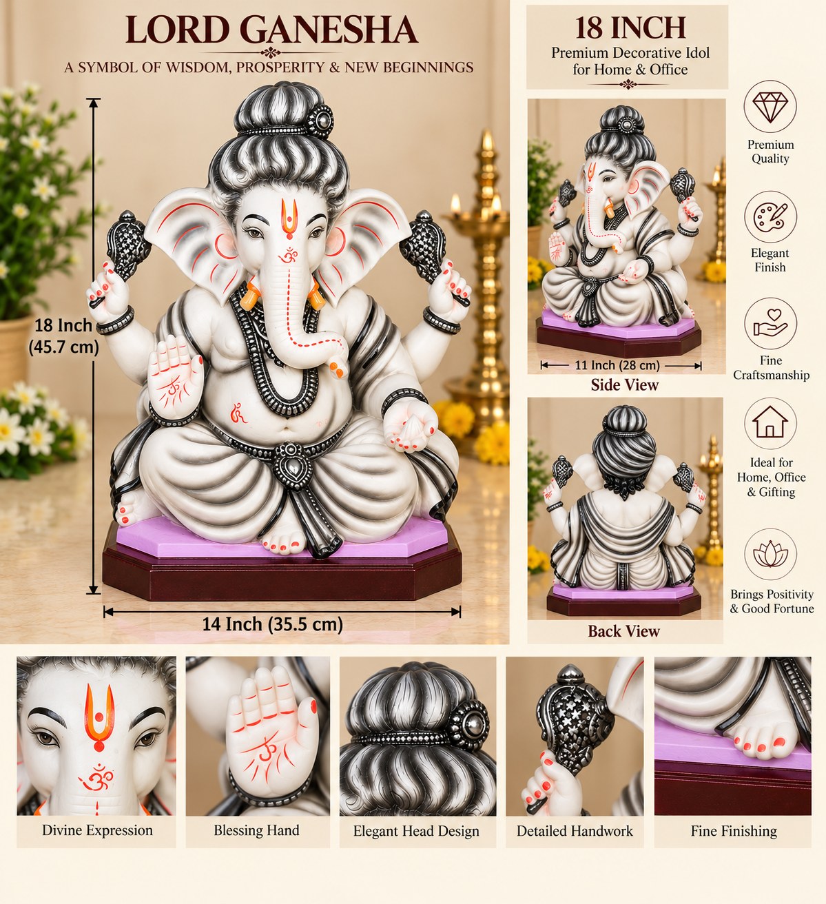 Shubhra Ganesha - size guide and detail views