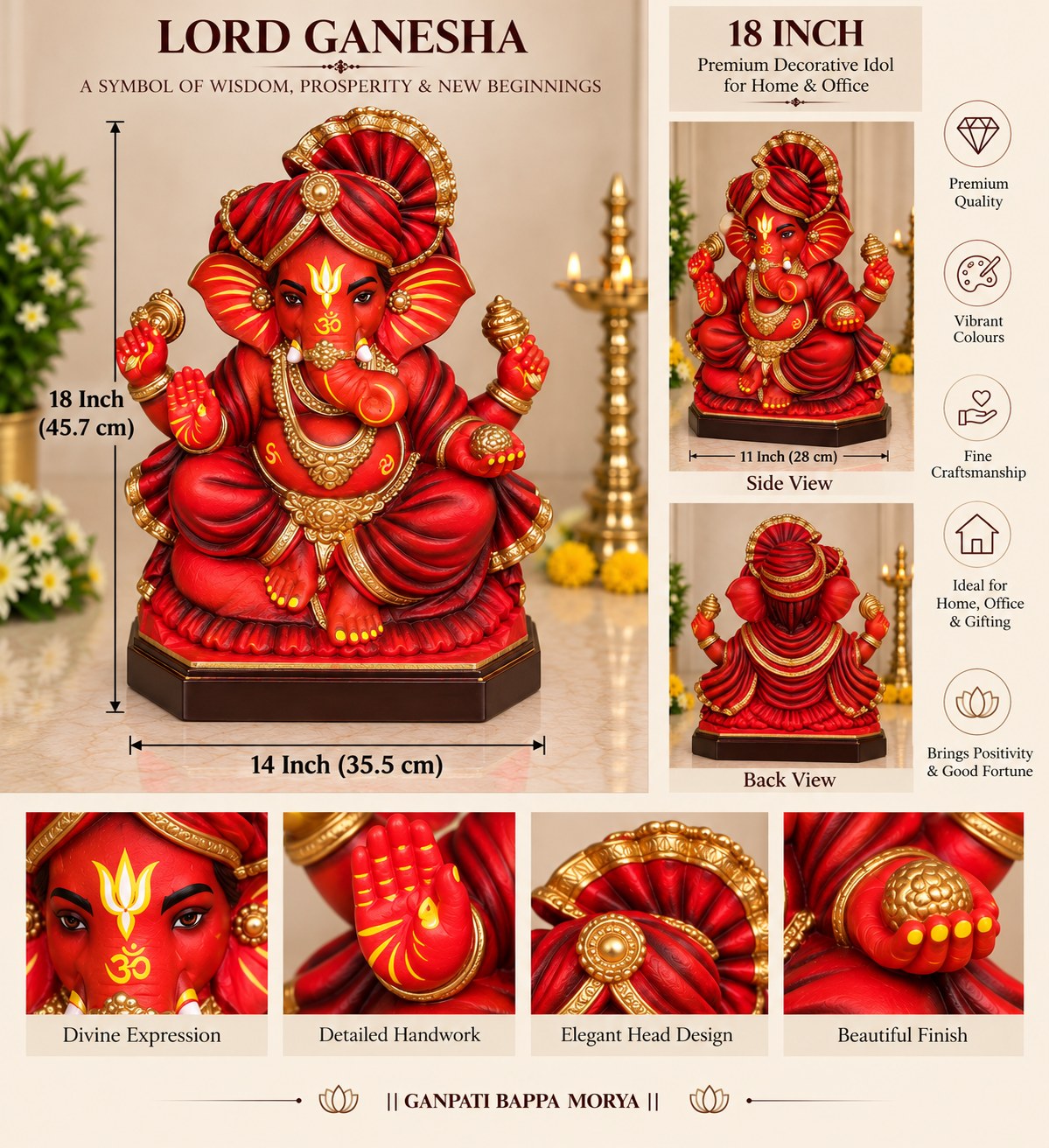 Sindoori Ganesha - size guide and detail views