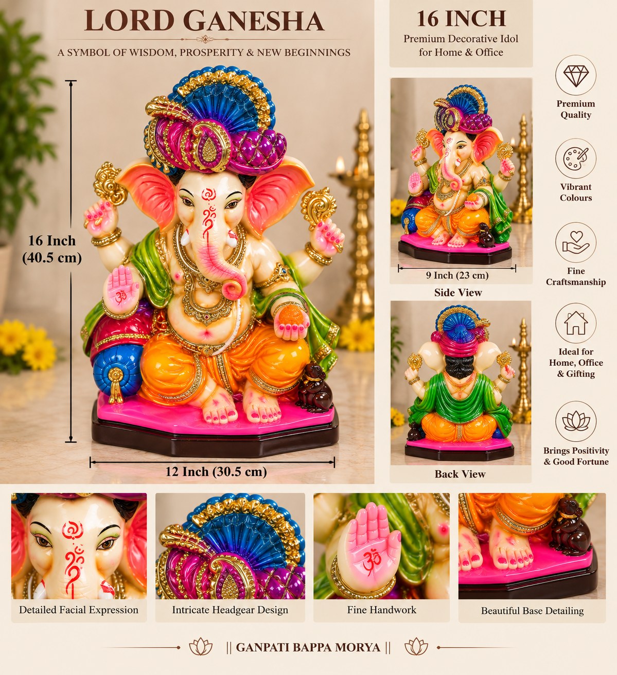 Rajwadi Ganesha - size guide and detail views